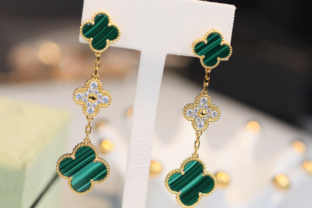 Mysitc CLOVER EARRINGS GOLD MALACHITE DIAMOND 3 MOTIF