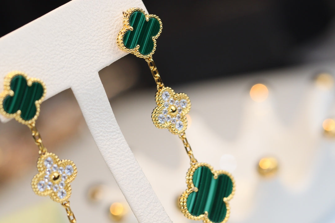 Mysitc CLOVER EARRINGS GOLD MALACHITE DIAMOND 3 MOTIF