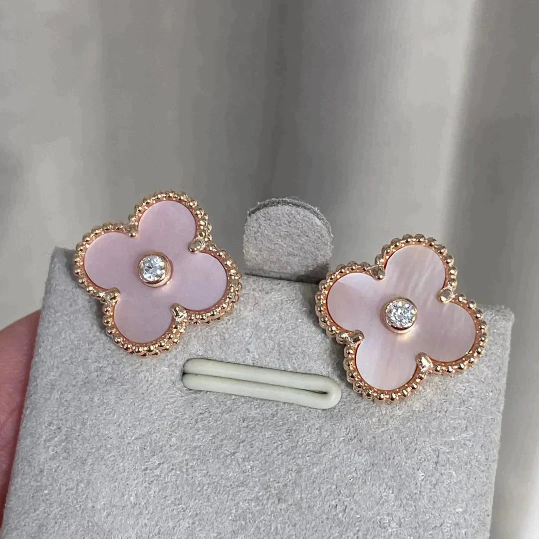 Mysitc CLOVER MEDIUM 1 MOTIFS  PINK MOP DIAMOND EARRINGS