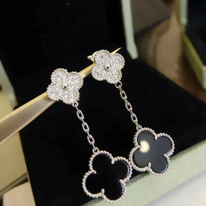 Mysitc CLOVER 2 MOTIFS  DIAMOND ONYX EARRINGS SILVER