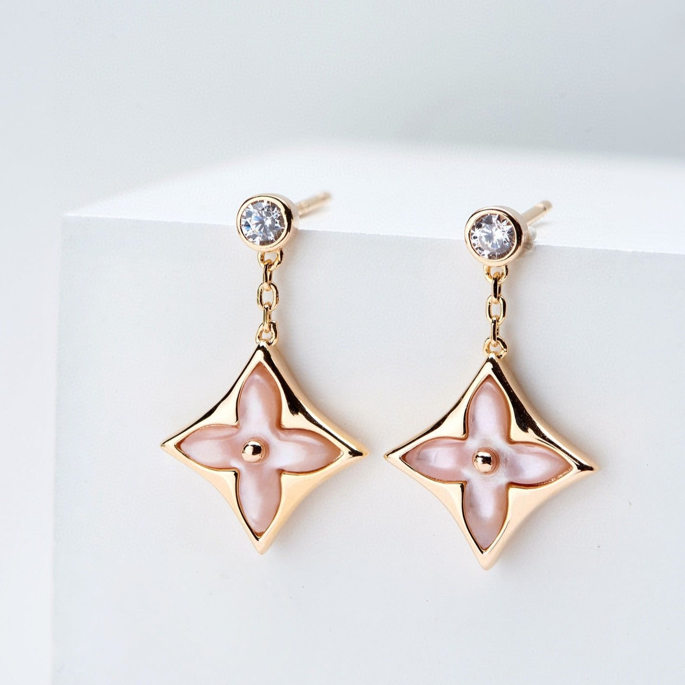 Mysitc DOUBLE STAR PINK GOLD MOP DROP EARRINGS
