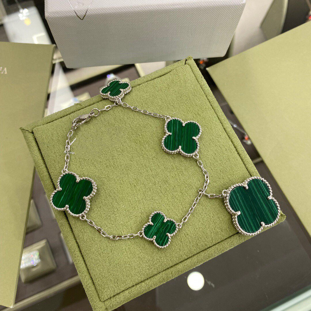 Mysitc CLOVER 5 MOTIFS SIVLER MALACHITE BRACELET