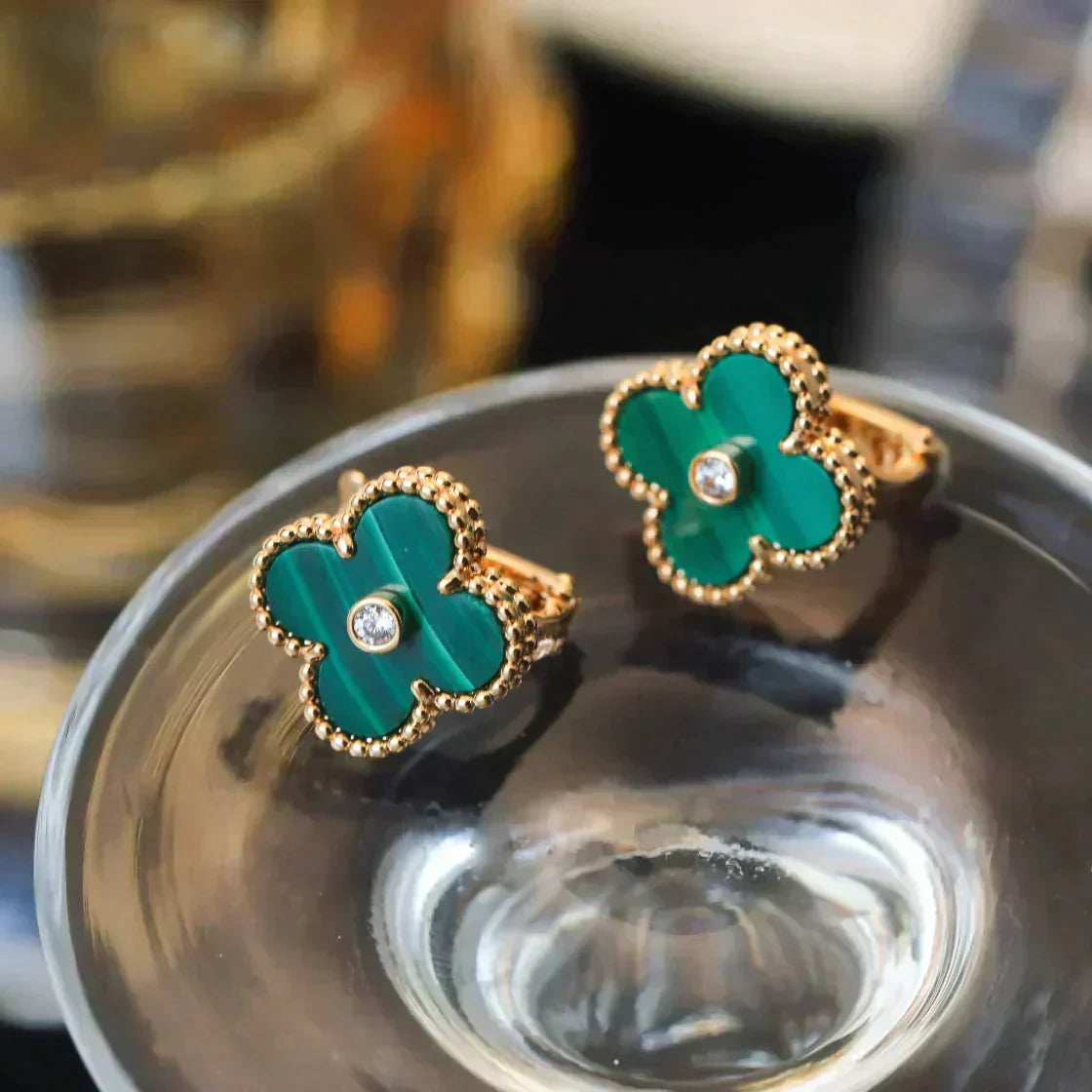 Mysitc CLOVER MEDIUM 1 MOTIFS MALACHITE DIAMOND EARRINGS