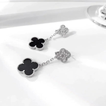 Mysitc CLOVER 2 MOTIFS  DIAMOND ONYX EARRINGS SILVER