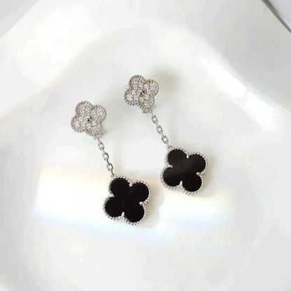 Mysitc CLOVER 2 MOTIFS  DIAMOND ONYX EARRINGS SILVER