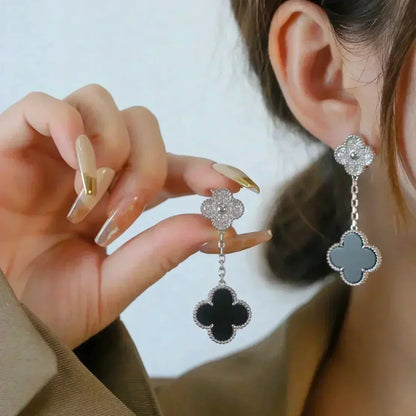 Mysitc CLOVER 2 MOTIFS  DIAMOND ONYX EARRINGS SILVER