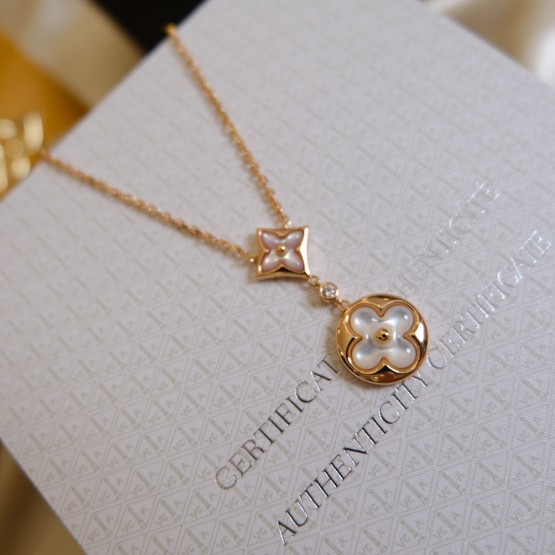 Mysitc STAR AND SUN WHITE MOP 2 MOTIF PINK GOLD NECKLACE
