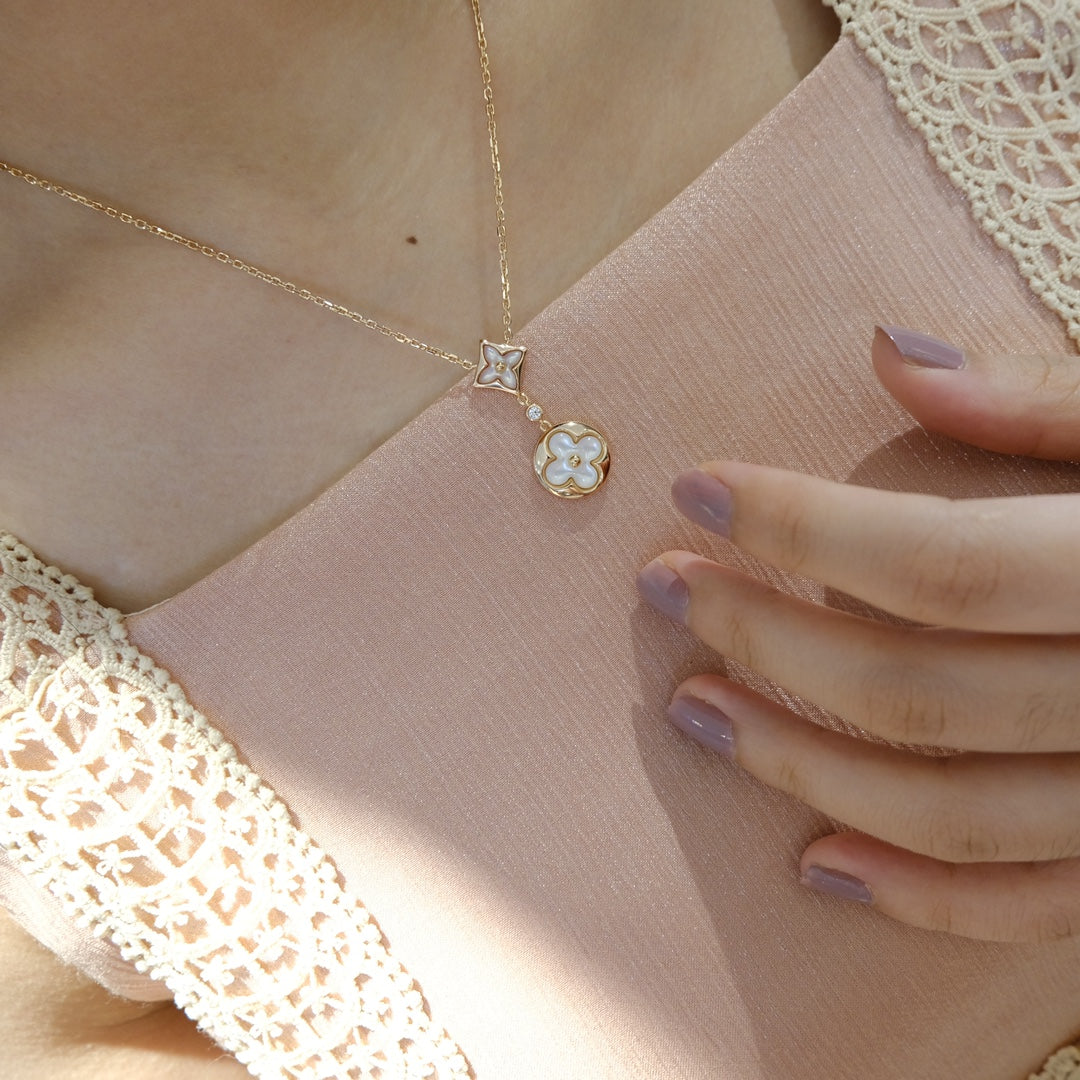 Mysitc STAR AND SUN WHITE MOP 2 MOTIF PINK GOLD NECKLACE
