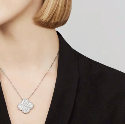 Mysitc CLOVER 25MM LARGE PENDANT DIAMOND PAVED SILVER NECKLACE