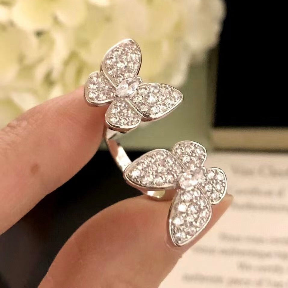 Mystischer ZWILLINGSSILBER-SCHMETTERLINGS-DIAMANTENRING