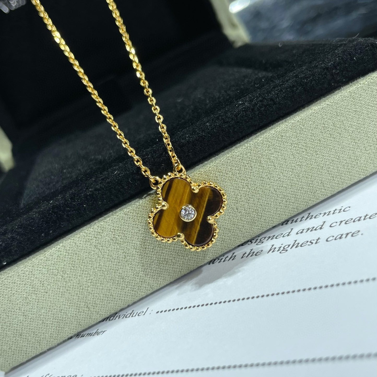 Mysitc CLOVER 15MM DIAMOND AND YELLOW TIGER'S EYE AGATE necklace