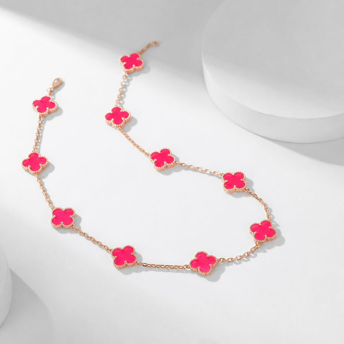 [Mystic]NEW CLOVER 10 MOTIFS PINK ENAMEL NECKLACE