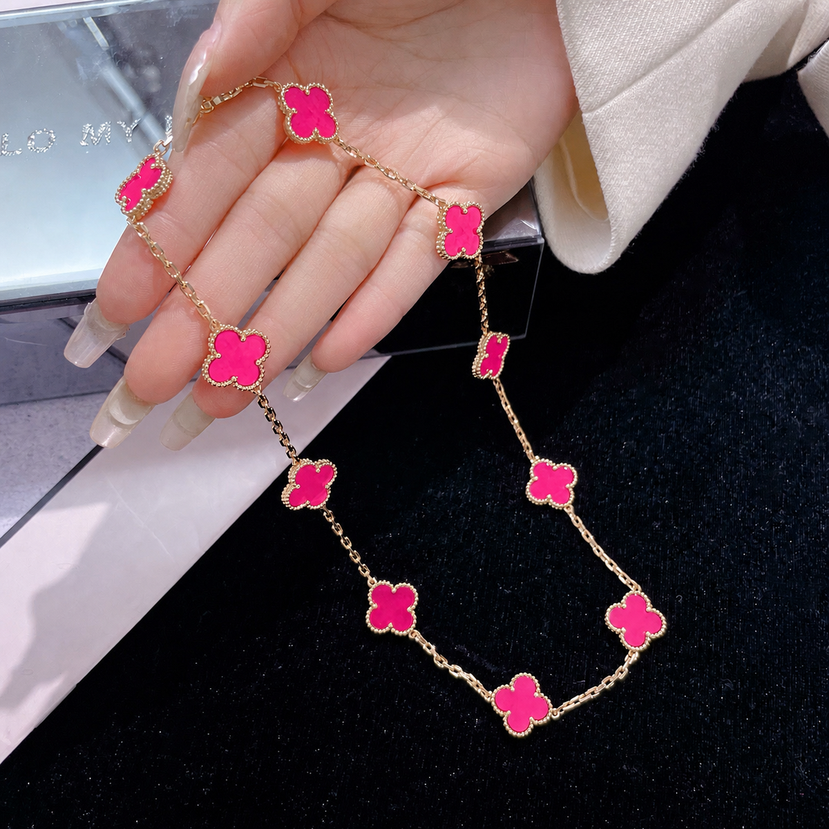[Mystic]NEW CLOVER 10 MOTIFS PINK ENAMEL NECKLACE