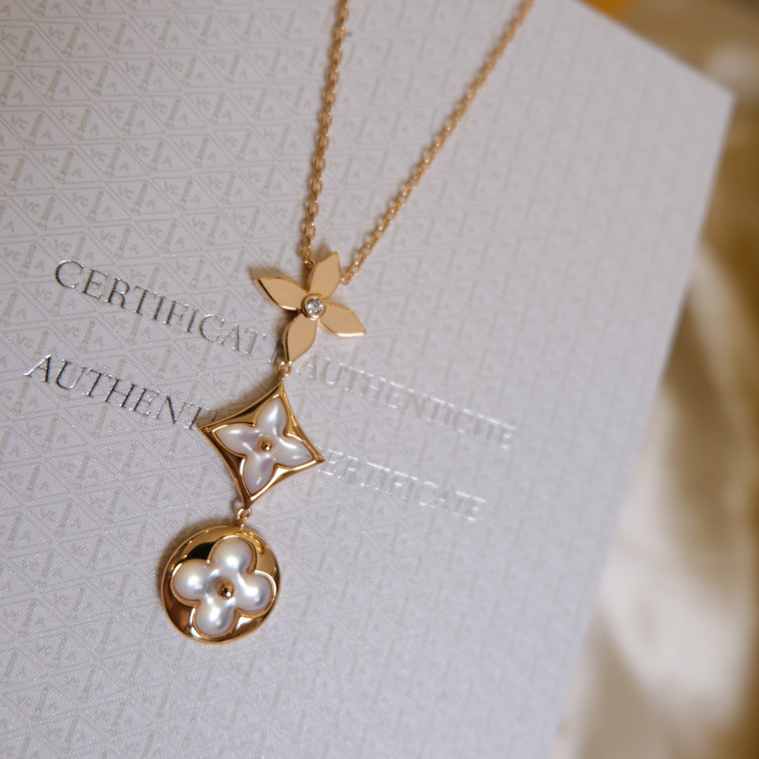 Mysitc COLOR BLOSSOM LARIAT NECKLACE PINK GOLD WHITE MOTHER PEARL AND DIAMOND