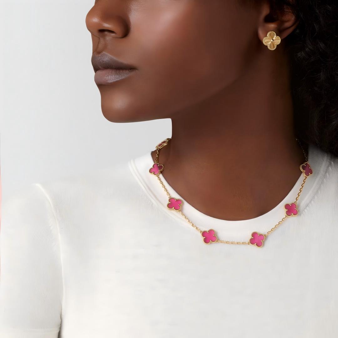 [Mystic]NEW CLOVER 10 MOTIFS PINK ENAMEL NECKLACE