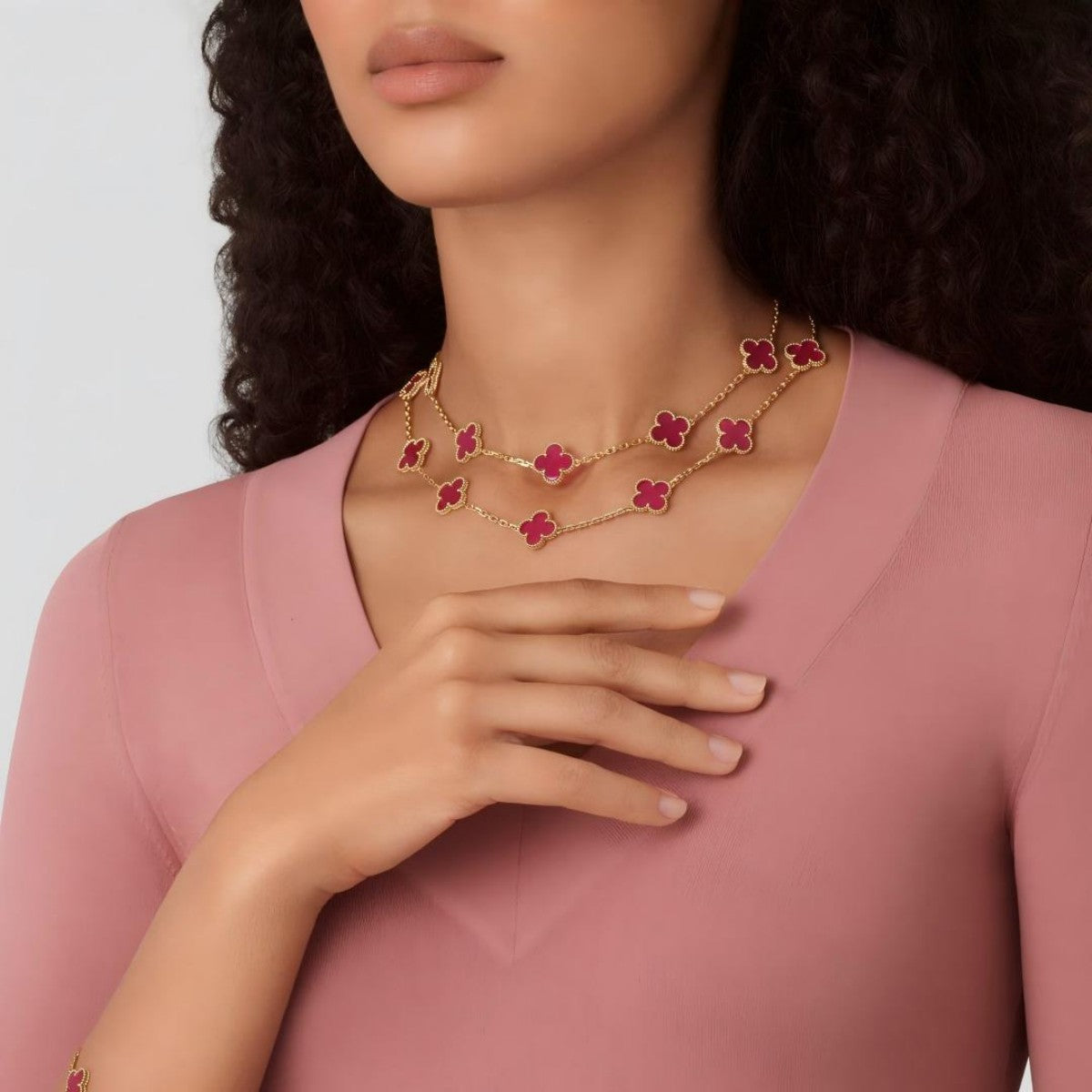 [Mystic] NEW CLOVER 20 MOTIFS PINK ENAMEL NECKLACE