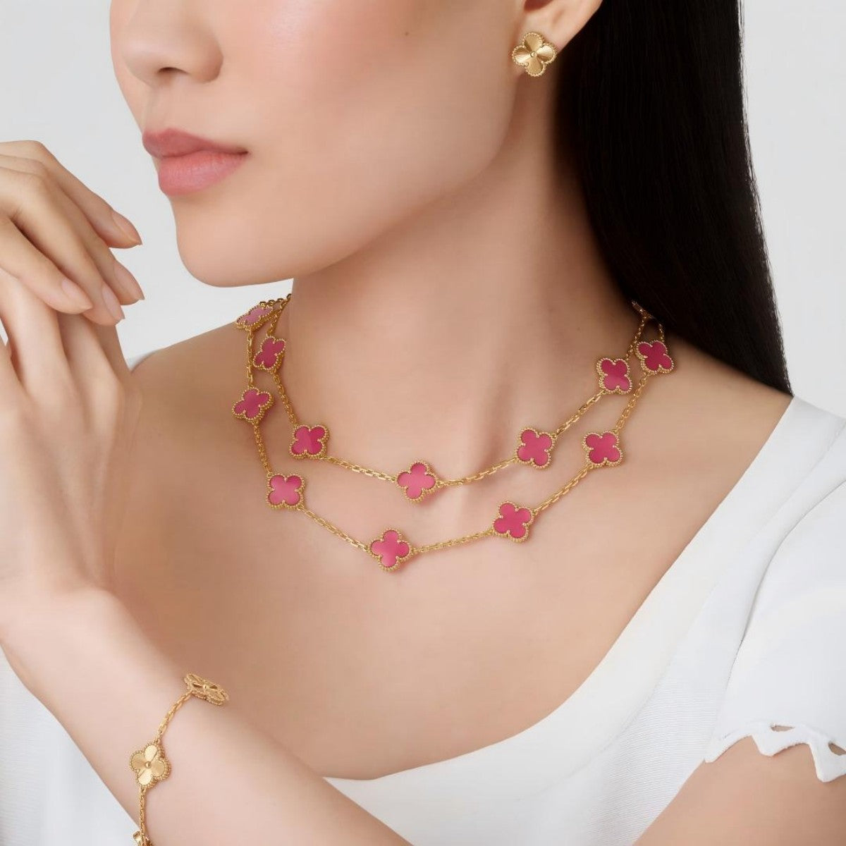 [Mystic] NEW CLOVER 20 MOTIFS PINK ENAMEL NECKLACE