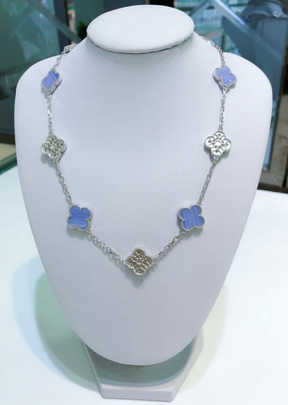 Mysitc CLOVER 10 MOTIFS CHALCEDONY DIAMONDS SILVER NECKLACE