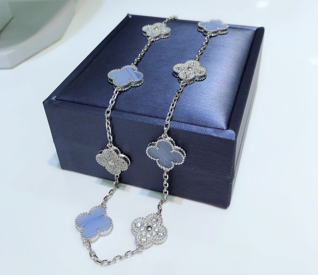 Mysitc CLOVER 10 MOTIFS CHALCEDONY DIAMONDS SILVER NECKLACE