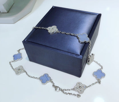 Mysitc CLOVER 10 MOTIFS CHALCEDONY DIAMONDS SILVER NECKLACE