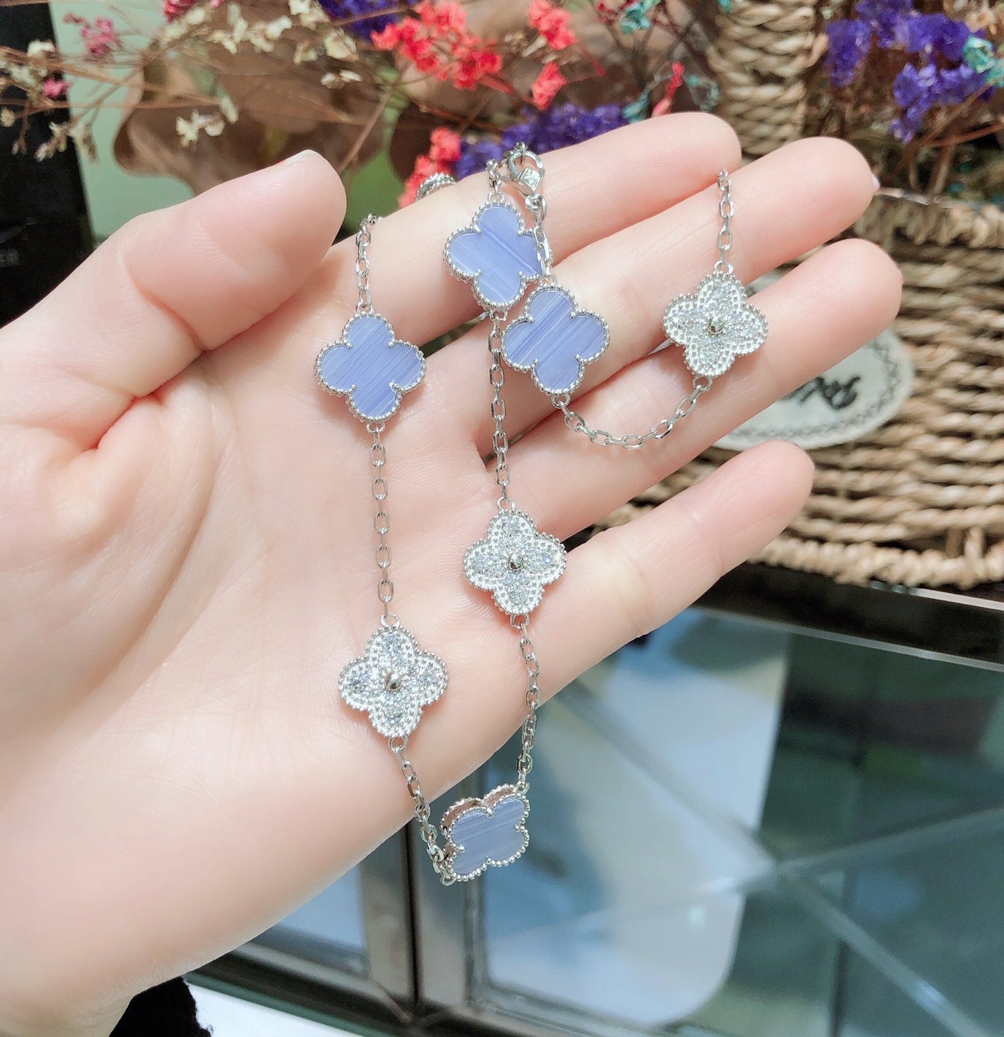 Mysitc CLOVER 10 MOTIFS CHALCEDONY DIAMONDS SILVER NECKLACE